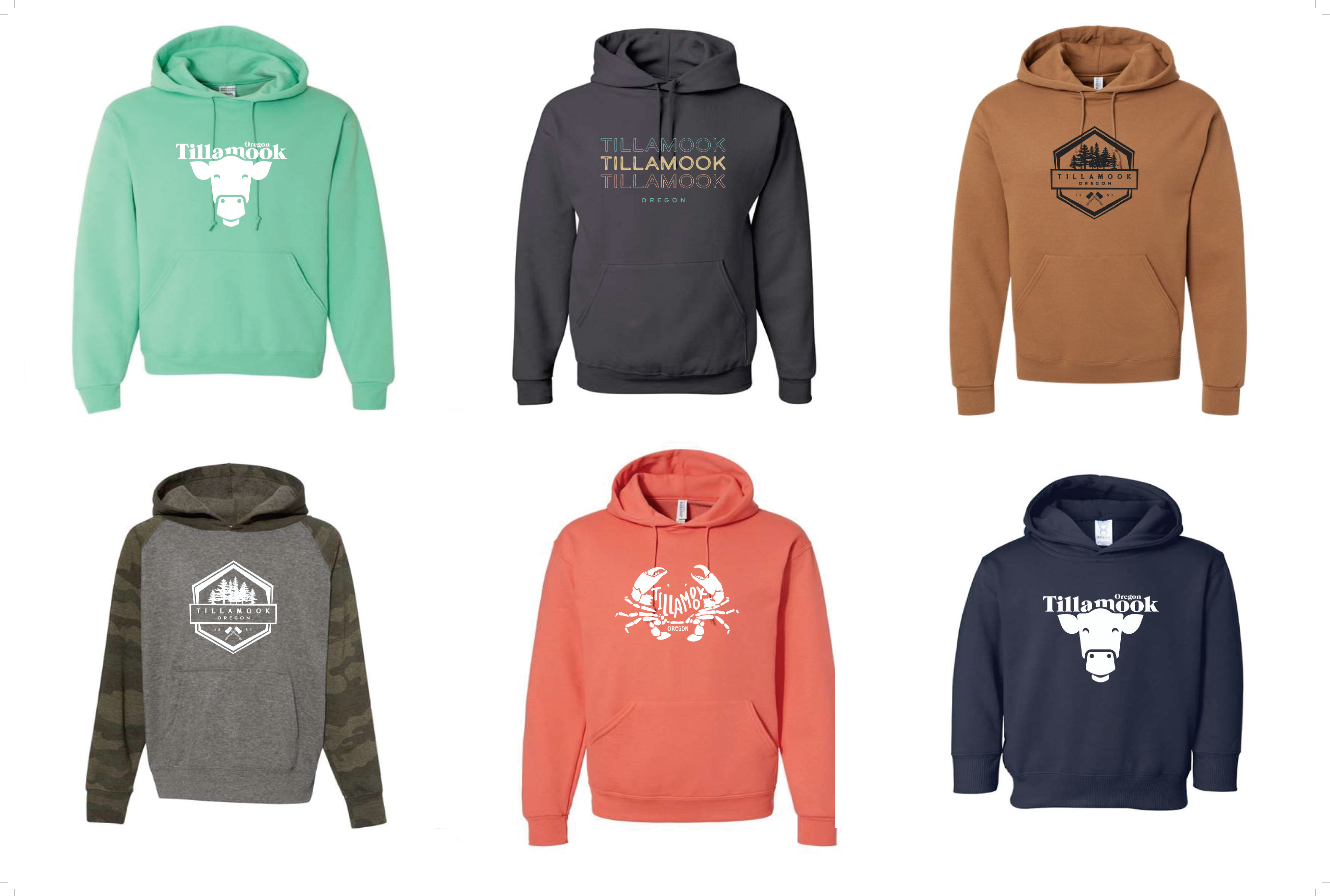 Set of six sweatshirts with Tillamook designs