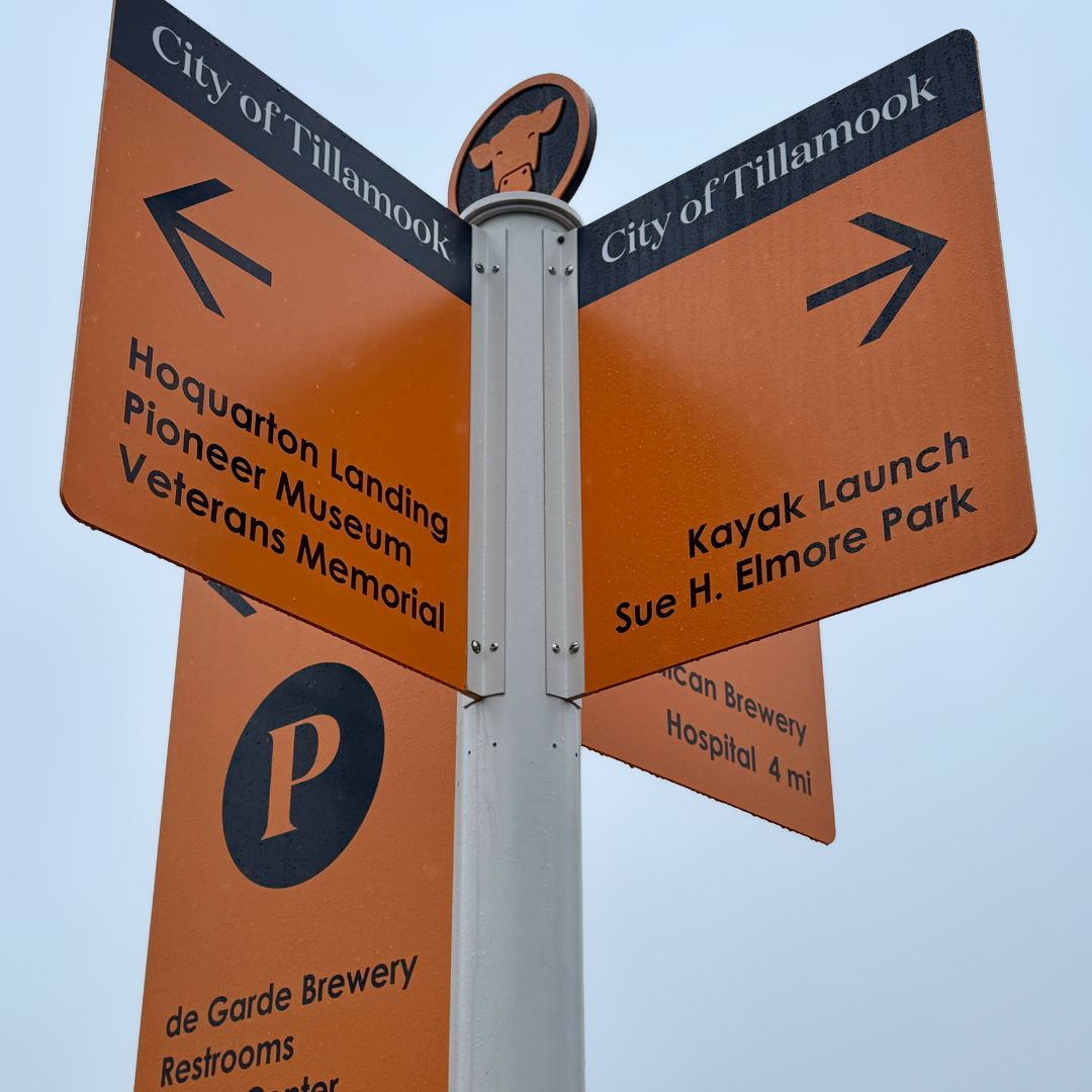orange signs with places one can visit within walking distance, including the kayak launch, parks, restroom, etc.